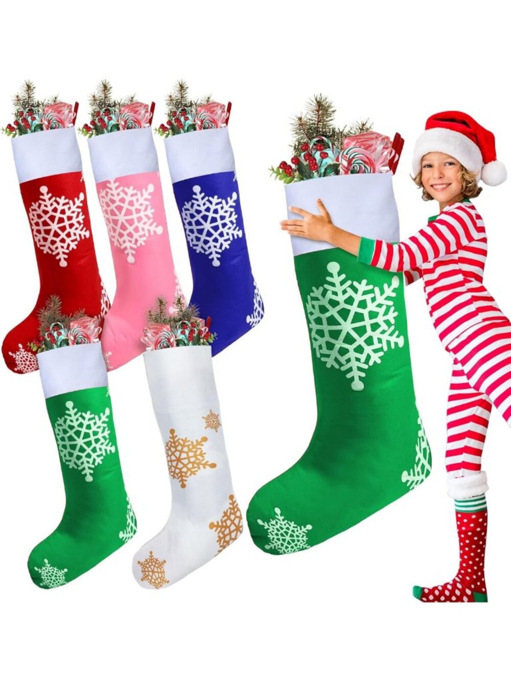 Giant 43" Christmas Stockings Set of 5, Multicolor Snowflake Design for Holiday
